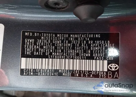 2014 Toyota Corolla L from USA, damaged, VIN 5YFBURHE3EP166611